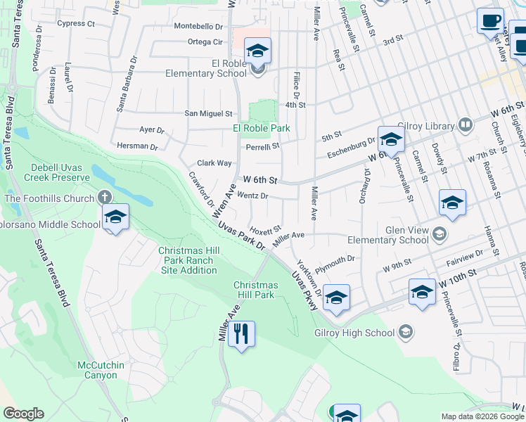 map of restaurants, bars, coffee shops, grocery stores, and more near 980 Wentz Drive in Gilroy
