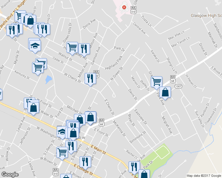 map of restaurants, bars, coffee shops, grocery stores, and more near 101 East Leech Avenue in Glasgow