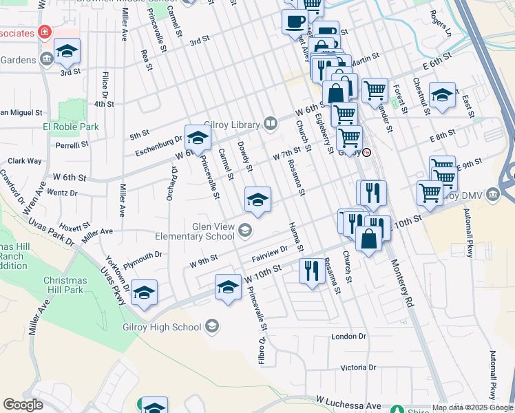 map of restaurants, bars, coffee shops, grocery stores, and more near 7225 Dowdy Street in Gilroy
