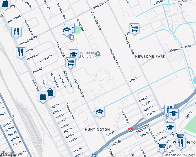 map of restaurants, bars, coffee shops, grocery stores, and more near 5200 Marshall Avenue in Newport News