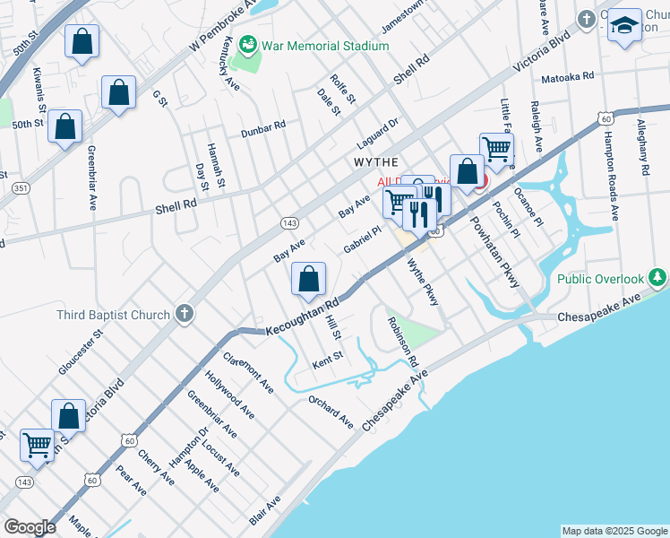 map of restaurants, bars, coffee shops, grocery stores, and more near 1815 Cemetery Lane in Hampton