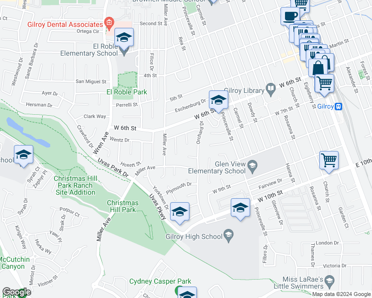 map of restaurants, bars, coffee shops, grocery stores, and more near 7303 Nantucket Place in Gilroy