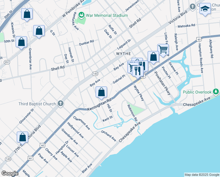map of restaurants, bars, coffee shops, grocery stores, and more near 1815 Cemetery Lane in Hampton