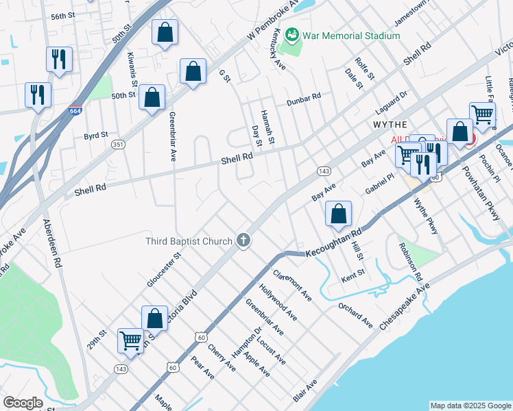 map of restaurants, bars, coffee shops, grocery stores, and more near 363 Wakefield Avenue in Hampton