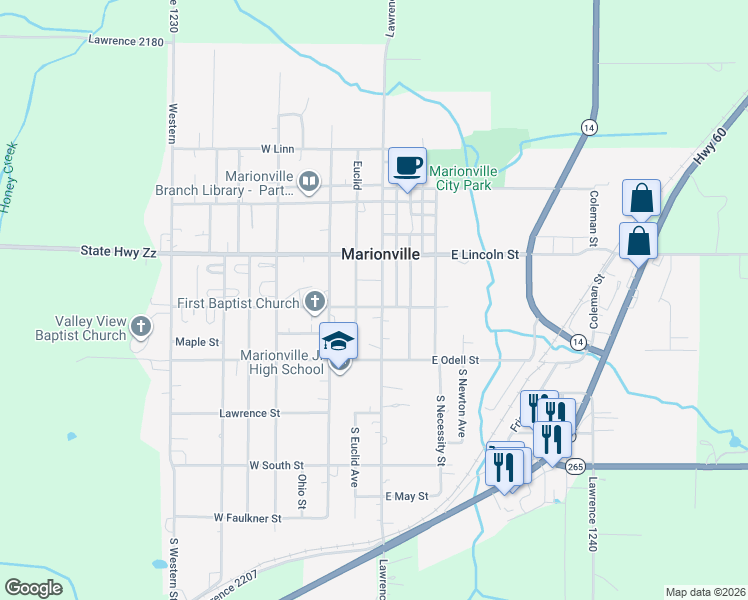 map of restaurants, bars, coffee shops, grocery stores, and more near 211 South Central Avenue in Marionville