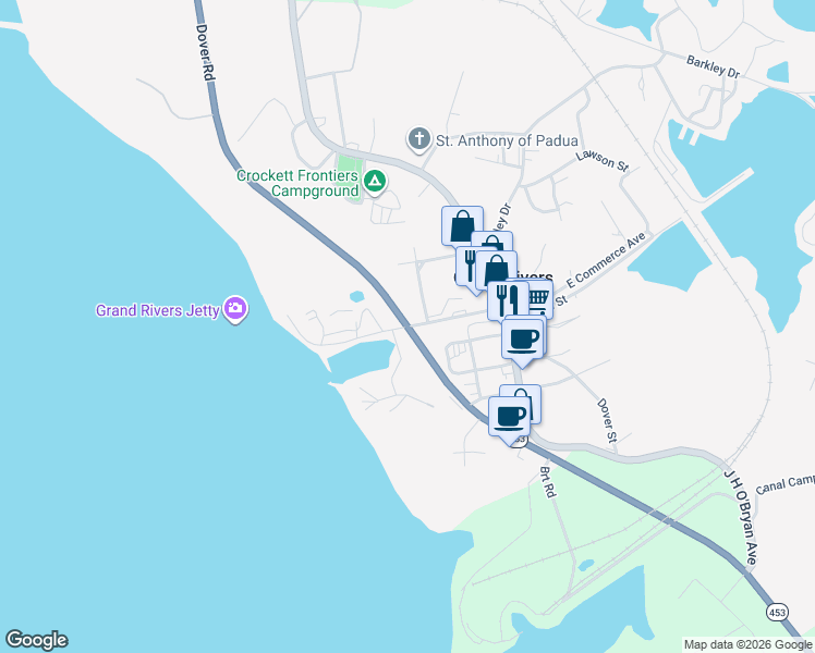 map of restaurants, bars, coffee shops, grocery stores, and more near Dover Road in Grand Rivers