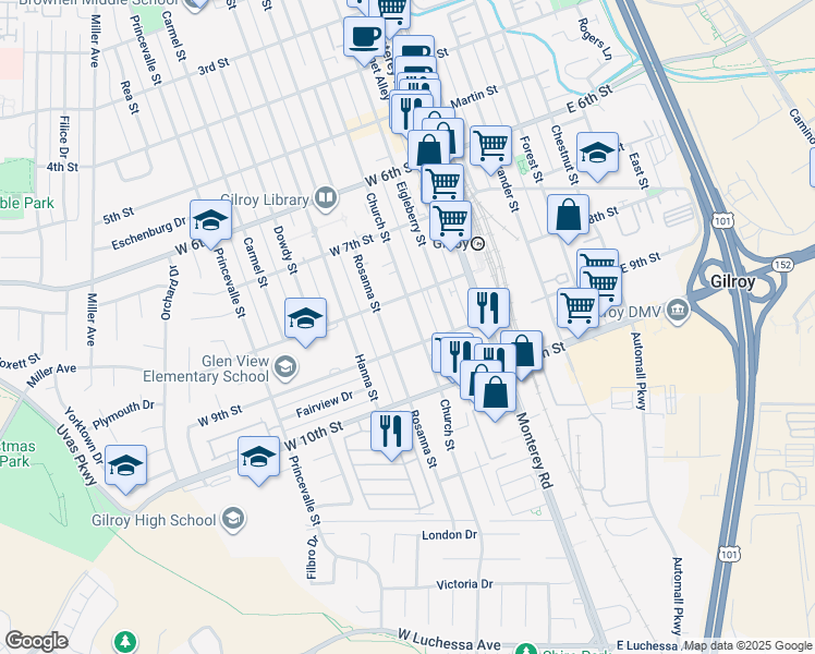 map of restaurants, bars, coffee shops, grocery stores, and more near 7131 Church Street in Gilroy