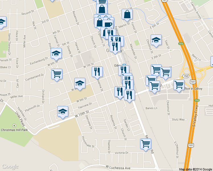 map of restaurants, bars, coffee shops, grocery stores, and more near 7131 Church Street in Gilroy