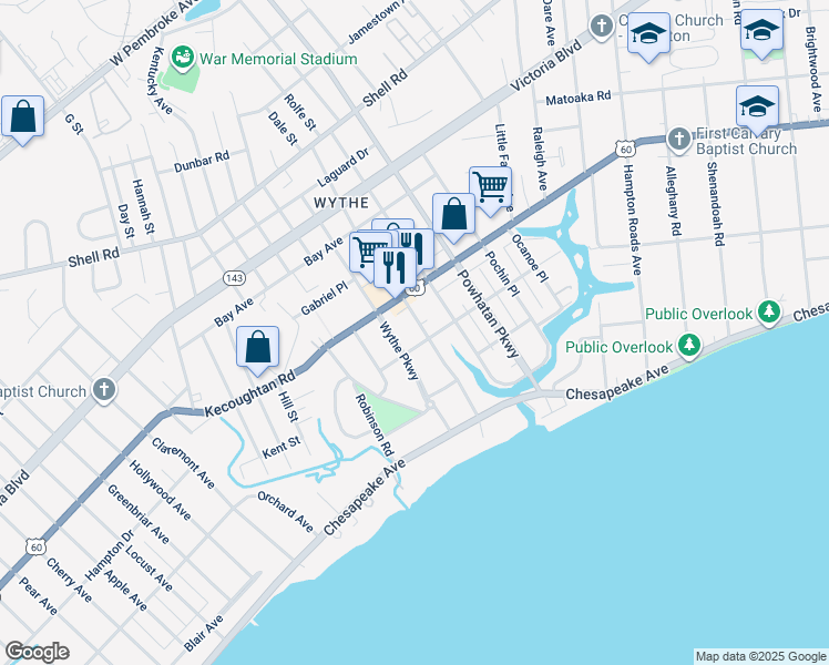 map of restaurants, bars, coffee shops, grocery stores, and more near 147 Chesterfield Road in Hampton