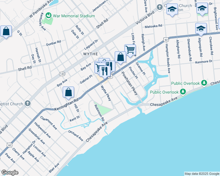 map of restaurants, bars, coffee shops, grocery stores, and more near 147 Chesterfield Road in Hampton