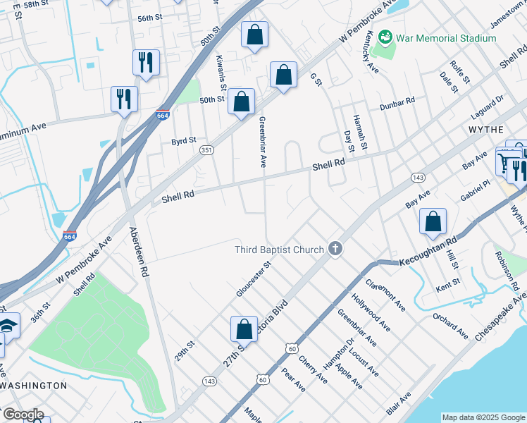 map of restaurants, bars, coffee shops, grocery stores, and more near 547 Greenbriar Avenue in Hampton
