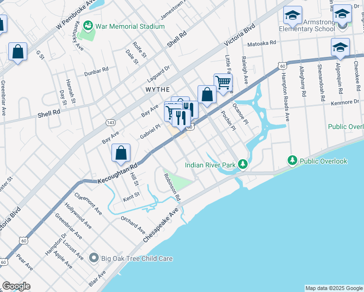 map of restaurants, bars, coffee shops, grocery stores, and more near 142 Wythe Parkway in Hampton