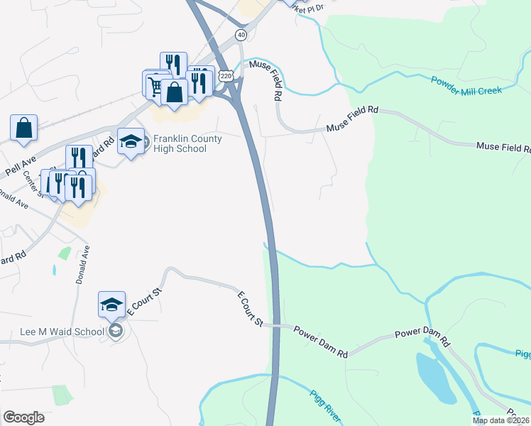 map of restaurants, bars, coffee shops, grocery stores, and more near Virgil H Goode Highway in Rocky Mount