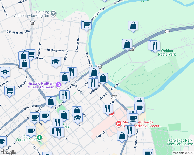 map of restaurants, bars, coffee shops, grocery stores, and more near 160 Riverview Drive in Bowling Green