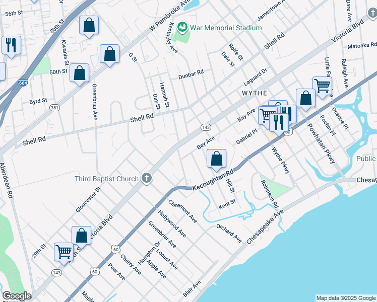 map of restaurants, bars, coffee shops, grocery stores, and more near 1713 Bay Avenue in Hampton