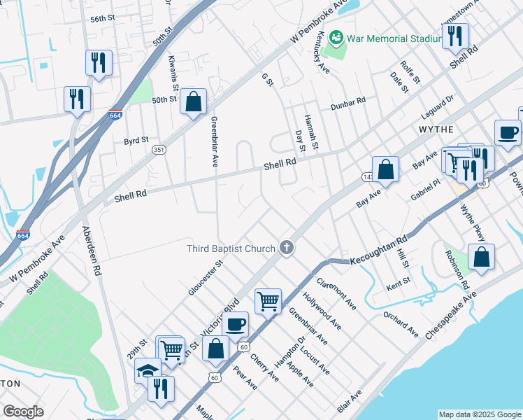map of restaurants, bars, coffee shops, grocery stores, and more near 1217 Gloucester Street in Hampton