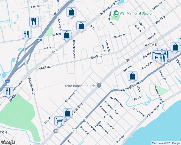 map of restaurants, bars, coffee shops, grocery stores, and more near 1217 Gloucester Street in Hampton