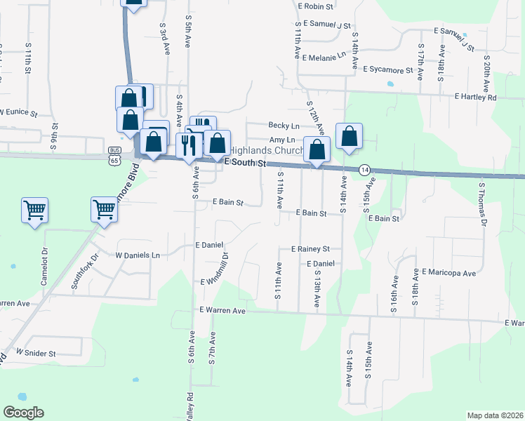map of restaurants, bars, coffee shops, grocery stores, and more near 1738 South 10th Avenue in Ozark