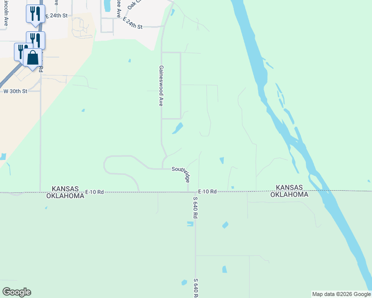 map of restaurants, bars, coffee shops, grocery stores, and more near Southridge Boulevard in Baxter Springs