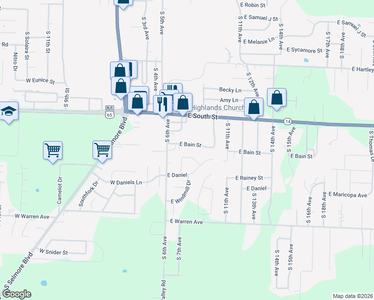 map of restaurants, bars, coffee shops, grocery stores, and more near 640 East Bain Street in Ozark