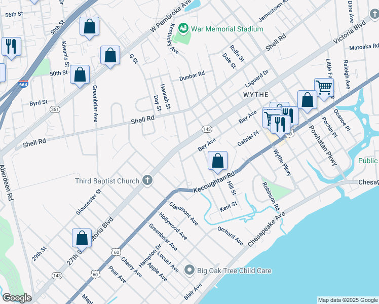 map of restaurants, bars, coffee shops, grocery stores, and more near 1713 Bay Avenue in Hampton