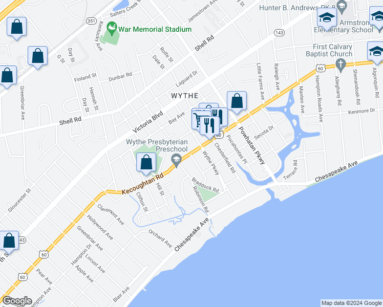 map of restaurants, bars, coffee shops, grocery stores, and more near 2111 Kecoughtan Road in Hampton