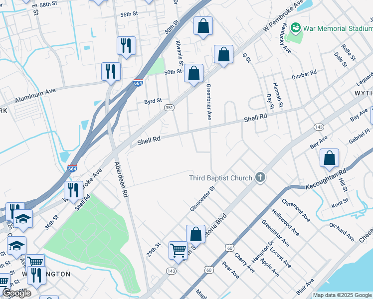 map of restaurants, bars, coffee shops, grocery stores, and more near 516 Childs Avenue in Hampton