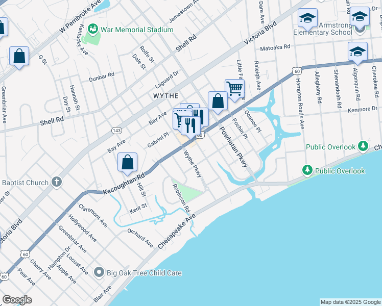 map of restaurants, bars, coffee shops, grocery stores, and more near 144 Wythe Parkway in Hampton