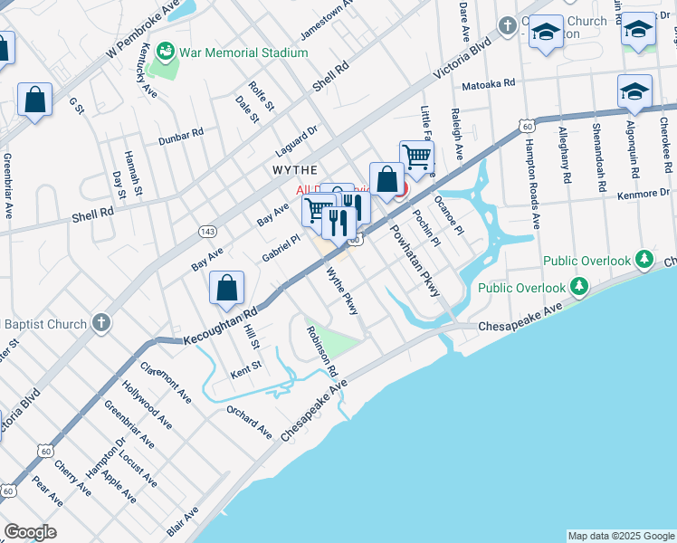 map of restaurants, bars, coffee shops, grocery stores, and more near 144 Wythe Parkway in Hampton