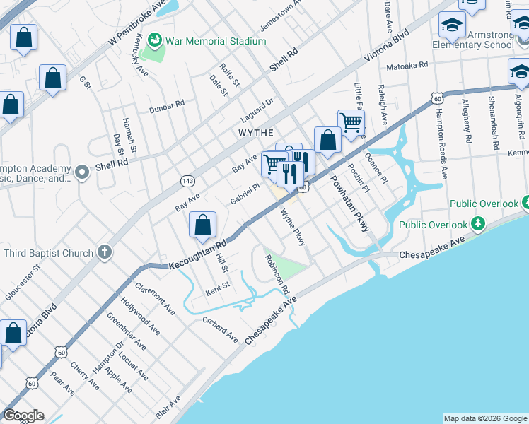 map of restaurants, bars, coffee shops, grocery stores, and more near 2111 Kecoughtan Road in Hampton