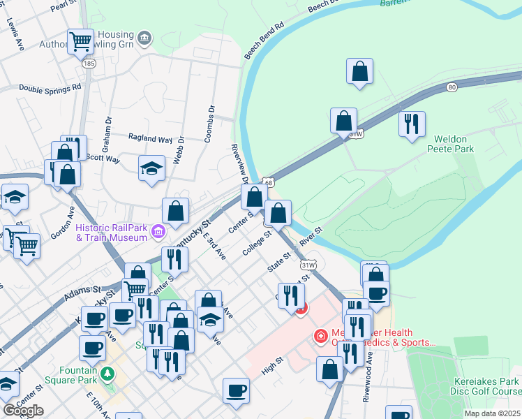 map of restaurants, bars, coffee shops, grocery stores, and more near 160 Riverview Drive in Bowling Green