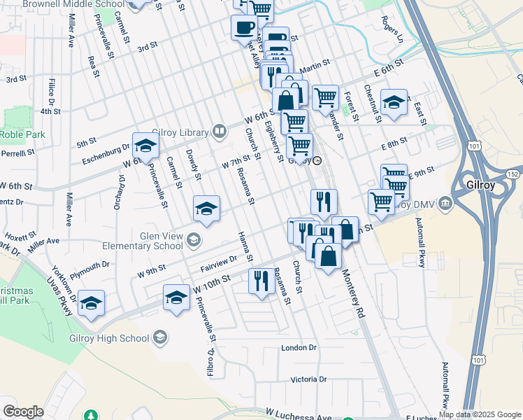 map of restaurants, bars, coffee shops, grocery stores, and more near 7174 Rosanna Street in Gilroy