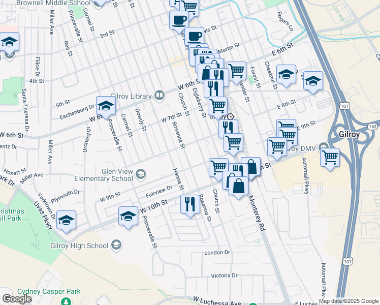 map of restaurants, bars, coffee shops, grocery stores, and more near 7174 Rosanna Street in Gilroy