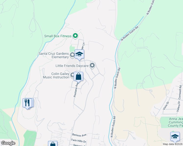 map of restaurants, bars, coffee shops, grocery stores, and more near 106 Corinne Avenue in Santa Cruz