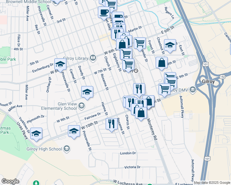 map of restaurants, bars, coffee shops, grocery stores, and more near 7151 Church Street in Gilroy
