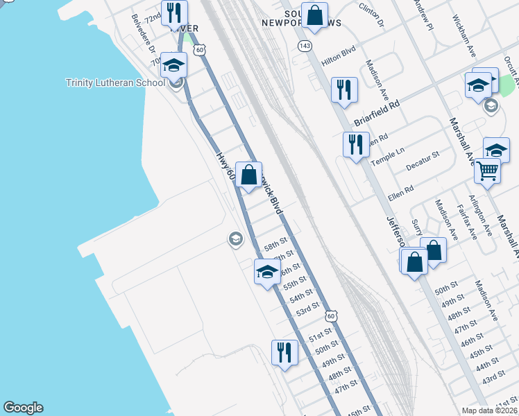 map of restaurants, bars, coffee shops, grocery stores, and more near 324 61st Street in Newport News