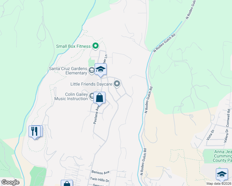 map of restaurants, bars, coffee shops, grocery stores, and more near 106 Corinne Avenue in Santa Cruz