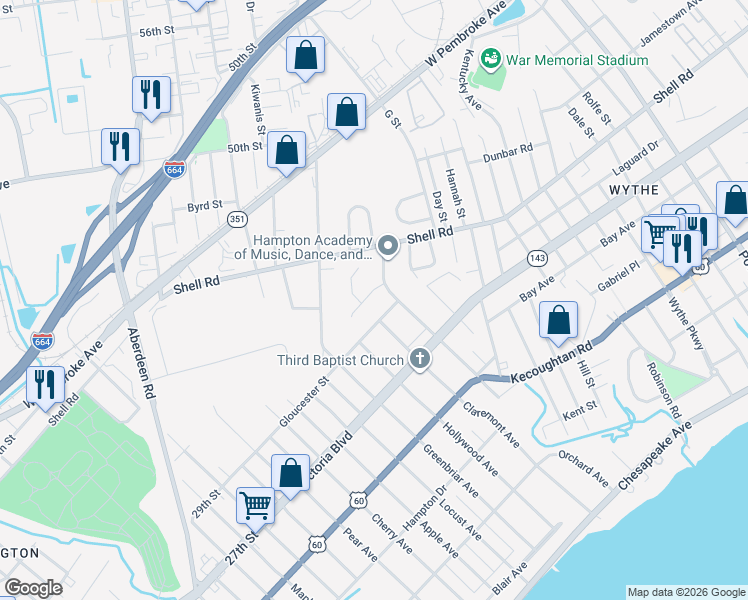 map of restaurants, bars, coffee shops, grocery stores, and more near 3 Westfield Place in Hampton