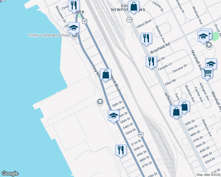 map of restaurants, bars, coffee shops, grocery stores, and more near 324 61st Street in Newport News