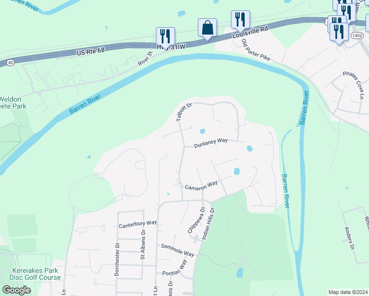 map of restaurants, bars, coffee shops, grocery stores, and more near 145 Talbott Drive in Bowling Green