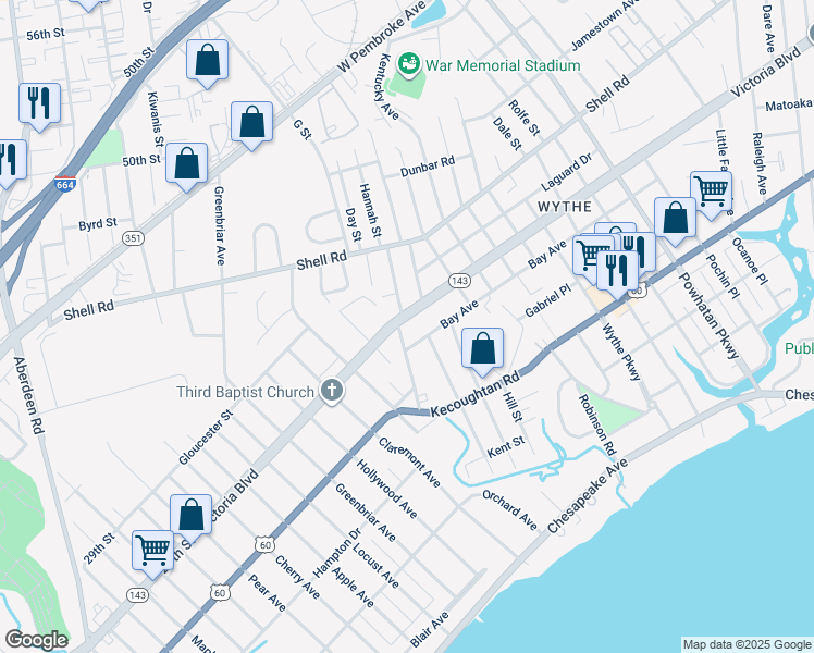 map of restaurants, bars, coffee shops, grocery stores, and more near 1704 Victoria Boulevard in Hampton