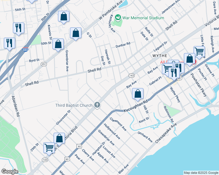 map of restaurants, bars, coffee shops, grocery stores, and more near 1511 Victoria Boulevard in Hampton