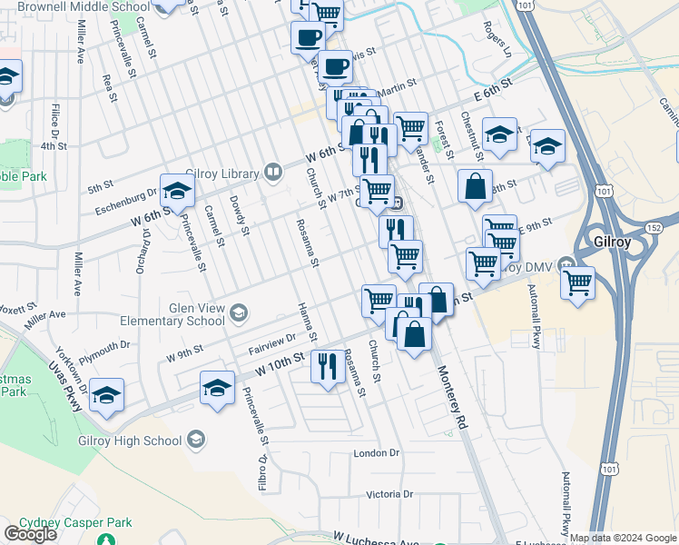 map of restaurants, bars, coffee shops, grocery stores, and more near 7151 Church Street in Gilroy