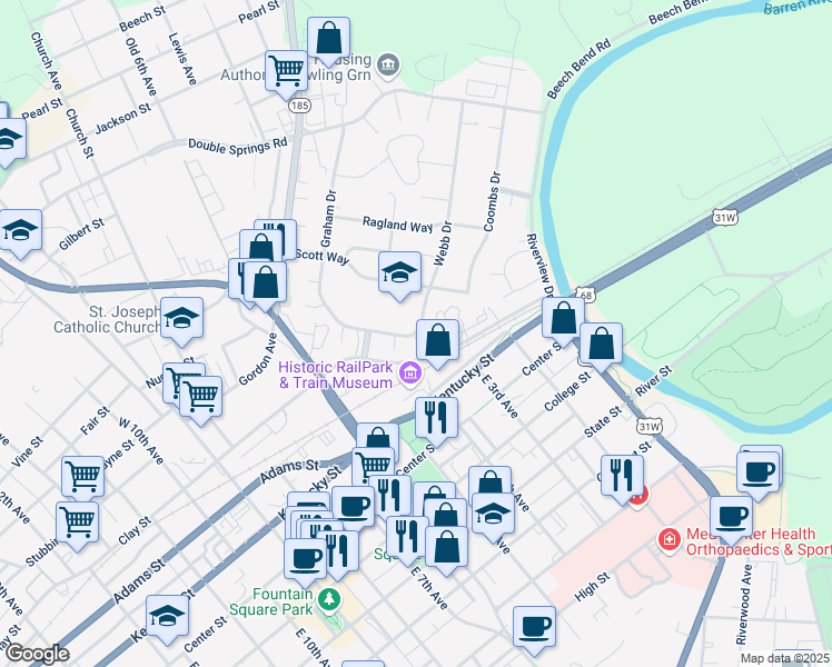 map of restaurants, bars, coffee shops, grocery stores, and more near 165 Webb Drive in Bowling Green