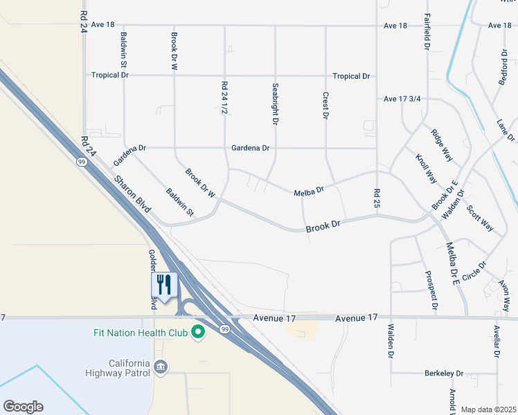 map of restaurants, bars, coffee shops, grocery stores, and more near 24609 Brook Drive in Madera