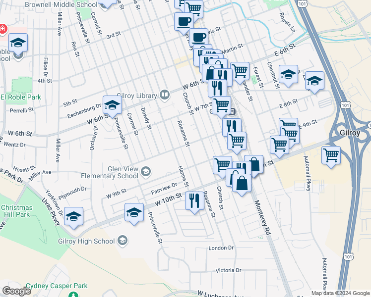 map of restaurants, bars, coffee shops, grocery stores, and more near 7191 Rosanna Street in Gilroy