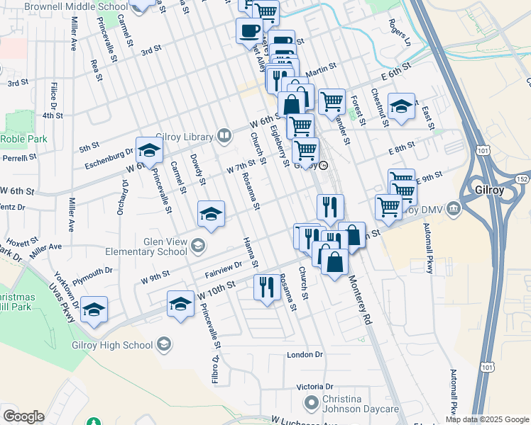 map of restaurants, bars, coffee shops, grocery stores, and more near 7182 Rosanna Street in Gilroy