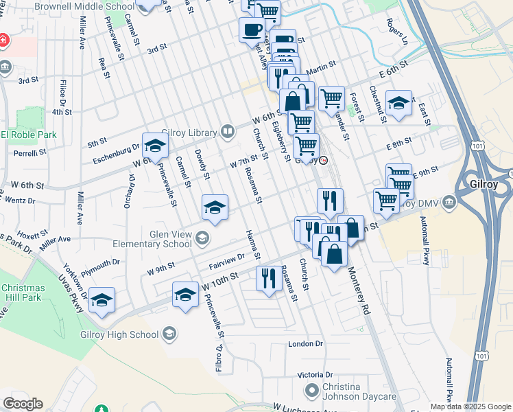 map of restaurants, bars, coffee shops, grocery stores, and more near 7182 Rosanna Street in Gilroy