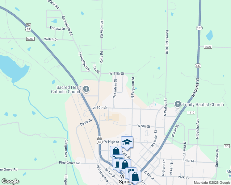 map of restaurants, bars, coffee shops, grocery stores, and more near 1098 Sassafras St in Willow Springs