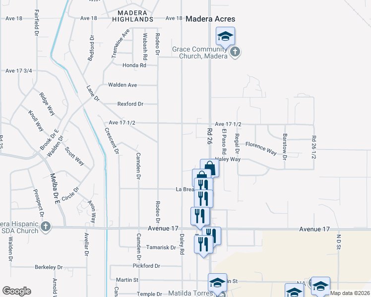 map of restaurants, bars, coffee shops, grocery stores, and more near 17383 Daley Road in Madera
